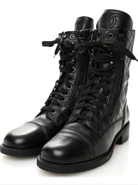 Chanel Iconic Logo Classic Calfskin Leather Diamond Stitch Combat Boots  size 37